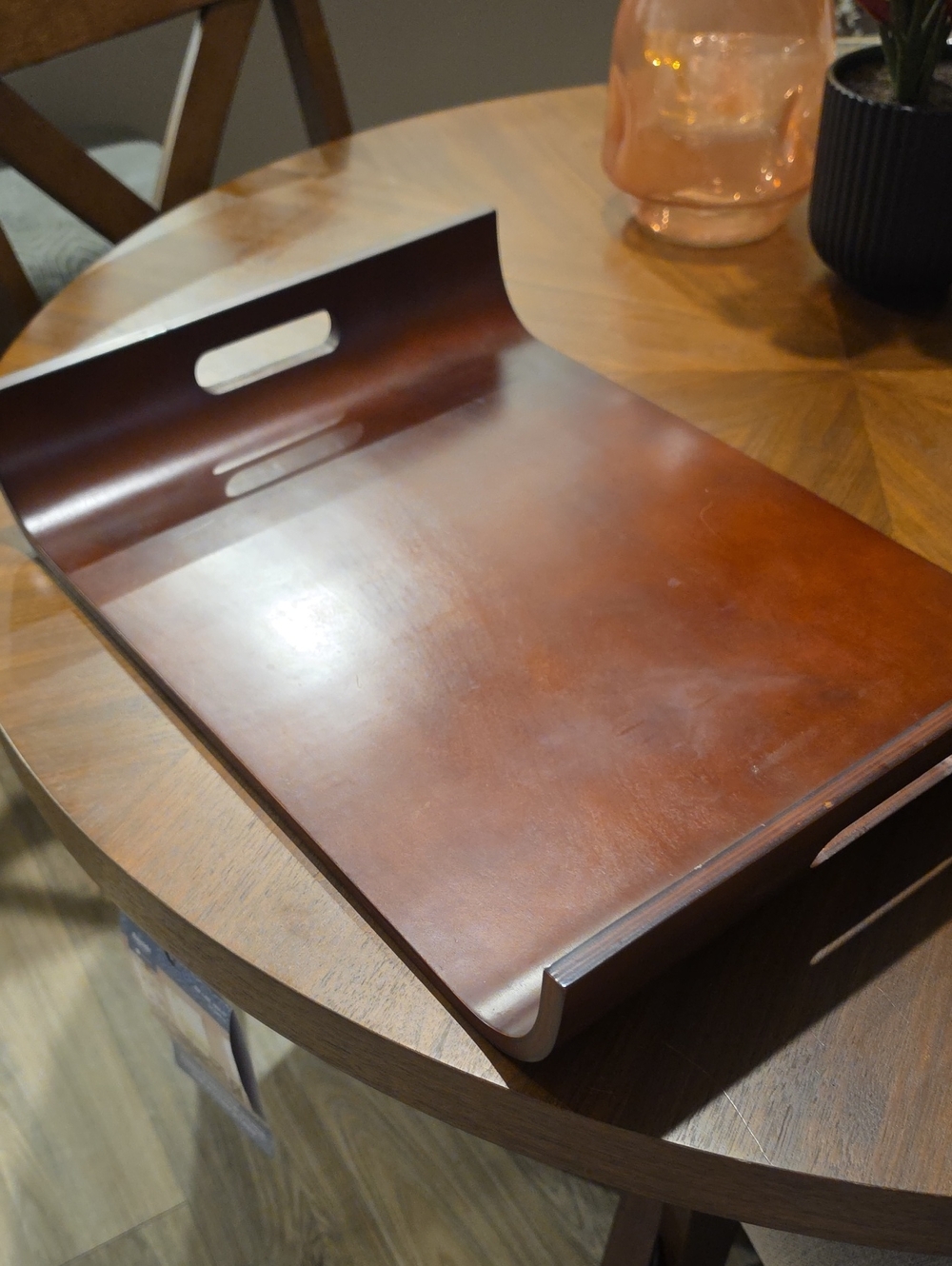 Vintage MCM Mahogany Curved Sleigh Serving Tray Built-In Handles 20.75" x 15"